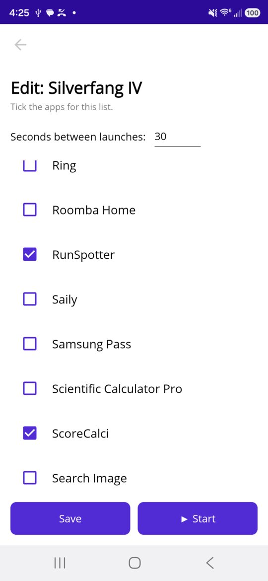 Choosing the apps in a list, and the seconds between launches.