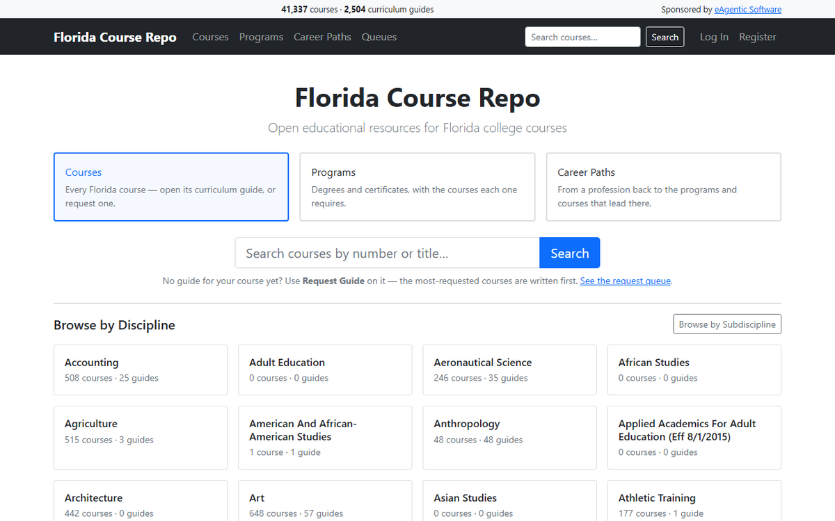The home page: courses, programs and career paths, search, and browsing by discipline.