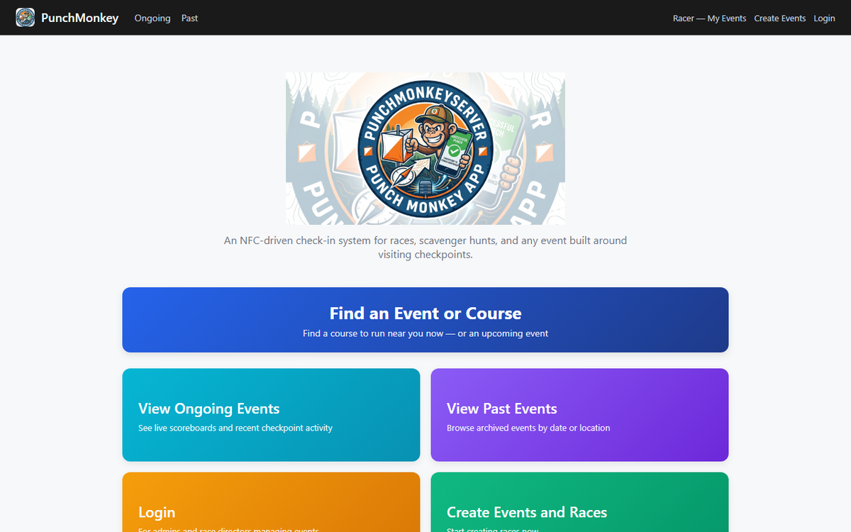 The home page: find an event or course, live and past events, and creating races.