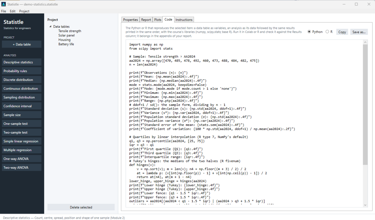 The Code tab: the Python that reproduces a descriptive-statistics analysis.